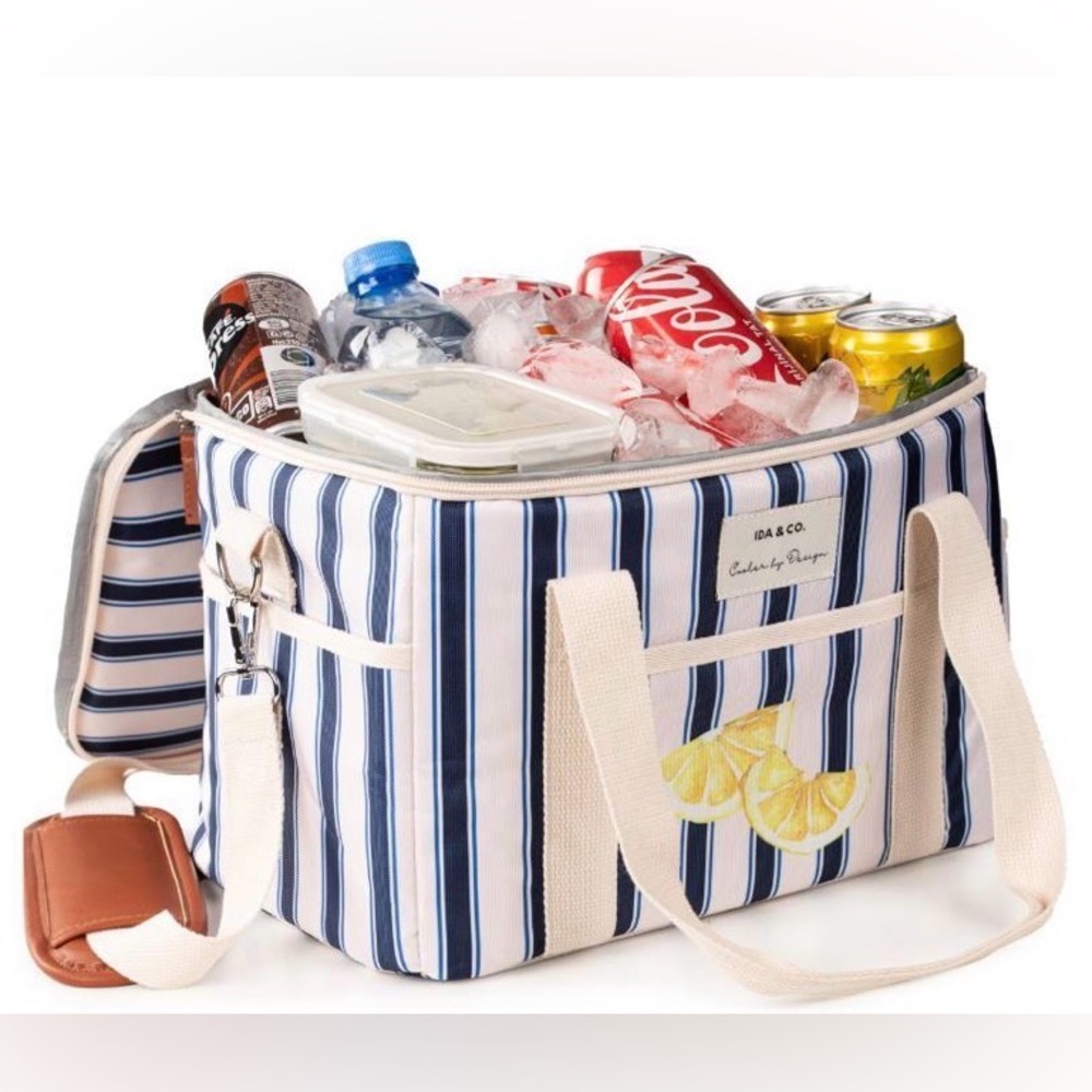 New Striped Insulated Cooler Bag 15L Lemon Spring Tote Blue White Coastal Picnic